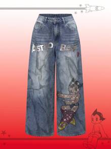Astro Boy X ROMWE Rhinestone Embellished Extra Loose Low Waist Baggy Women's Jeans - Blue - View 2