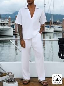 Manfinity Homme 纯白色商务套装，常规下摆和口袋细节，适合职业风格男士巡航装游艇装男士夏季度假装，Old Money - 白色 - 查看 5