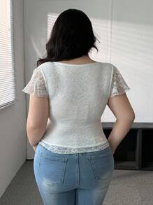 Flirla French Sweet & Sensual V-Neck Cap Sleeve Women's T-Shirt Top - White - View 2