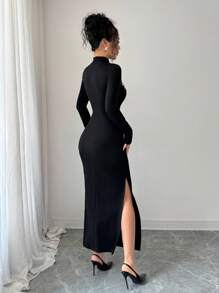 Elenzga 女士黑色立领修身旗袍连衣裙，优雅刺绣高端旗袍 - 彩色 - 查看 3