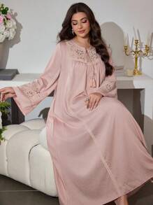 Al Najma V-Neck Tie Sleeve Embroidered Flare Dress, Spring Autumn - Pink - View 6