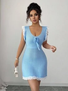 Selianne Cap Sleeve Round Neck Waist Cinched A-Line Colorblock Elegant Romantic Knit Sweater Dress For Women - Baby Blue - View 5