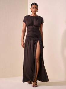 Veslaya Vestido sexy de manga corta con cuello redondo, plisado lateral y bajo con abertura, adecuado para mujer de talla grande en ocasiones casuales, diarias, citas, viajes, trabajo, elegante y playa, apto para otoño, invierno, primavera y verano - Marrón - Ver 10