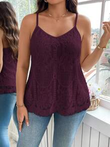 Reflora Plus Size Summer Casual Solid Color Lace Camisole Lace Tank Top - Maroon - View 6