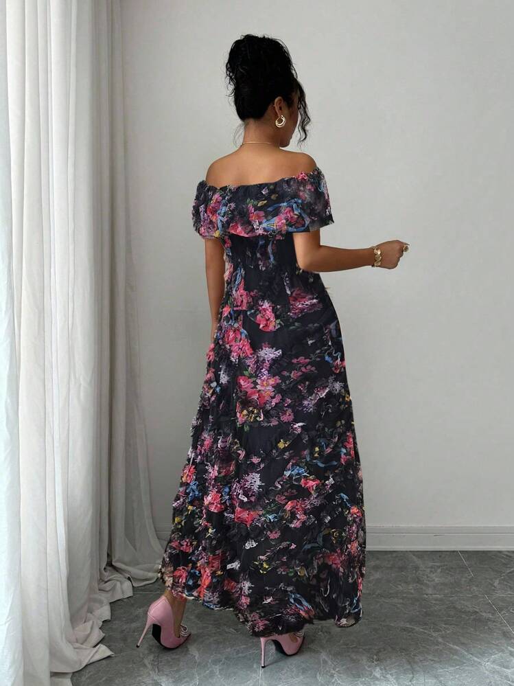 Elenzga Women's Elegant Chiffon 3D Floral Off Shoulder Long A-Line Dress - Black - View 2