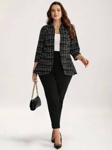 Comfylo 大码女式格子前开式七分袖西装套装 - 黑色 - 查看 3