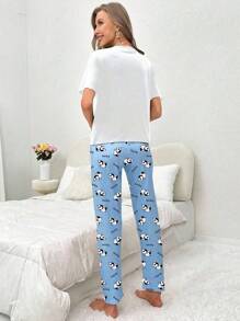 Panda & Slogan Graphic Tee & Pants PJ Set / Pajama Set - Multicolor - View 2