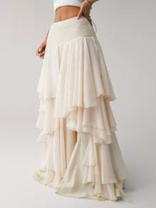 SHEIN ICON Asymmetrical Chiffon Ruffle Patchwork Loose Women Ruffle Hem Pants Beige Pants - Beige - View 4