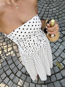 MainGRL Women's White Polka Dot Print Ruffle Fashionable Strapless Maxi Tube Dress, Suitable For Vacation,Fall Outfits For Women,Wedding Guest Dress,Birthday Dresses For Women ,Going Out Outfits,