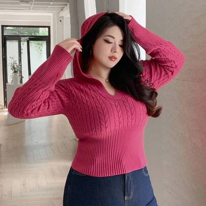 플러스플러스 사이즈 여성 케이블 니트 크롭 후드 풀오버 스웨터, 가을