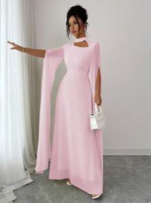 Elenzga Váy đi biển phong cách Pháp lãng mạn thanh lịch dành cho nữ, vải voan mỏng, cổ khoét sâu, dây buộc chéo sau lưng, chân váy maxi xòe, tay dài, xẻ tà, thích hợp cho tiệc trà chiều, tiệc tùng, phong cách Trung Đông, xuân/hè - Hồng - Xem 7