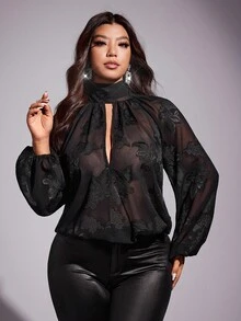 Viva Relle 大码女士新年乔其纱系带蝴蝶结性感透视吊带背心 - 黑色 - 查看 4