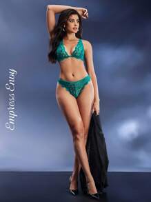 EmpressEnvy 女士蕾丝前扣性感内衣套装 - 綠色 - 查看 5