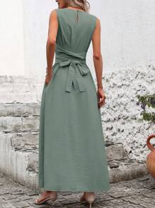 SHEIN Clasi Summer Casual Solid Color Cinched Waist Sleeveless Dress