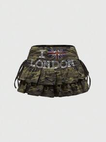 ROMWE J-Fashion Y2K Hot Girl National Flag Rhinestone Camouflage Ultra-Low Waist Ruffle Hem Mini Skirt For Women - Army Green - View 1