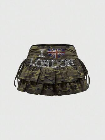 J-Fashion Y2K Hot Girl National Flag Rhinestone Camouflage Ultra-Low Waist Ruffle Hem Mini Skirt For Women