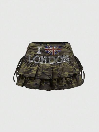 J-Fashion Y2K Hot Girl National Flag Rhinestone Camouflage Ultra-Low Waist Ruffle Hem Mini Skirt For Women