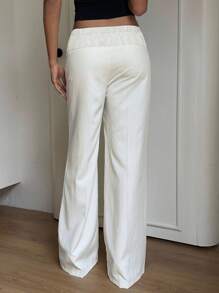 SHEIN EZwear Quần ống rộng dài thường ngày màu trắng có chi tiết khóa cài cỡ lớn cho nữ - trắng - Xem 2