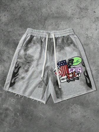 Grunge Punk Pantaloncini casual da uomo con grafica stampata, orlo ampio