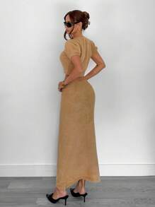 Siren Gaze 秋季女装商务休闲女士办公室服装 2025 新款棕色毛绒针织两件套，女士短袖纽扣上衣和长款针织裙套装，适合工作/办公室日常通勤，秋季服装女士优雅复古风格毛衣套装 - 棕色 - 查看 5