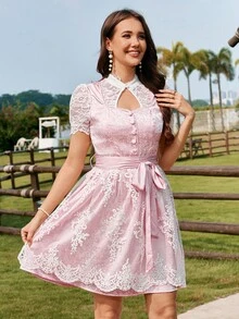 Firerie 女士优雅慕尼黑啤酒节蕾丝边方领交叉系带可拆卸蕾丝围裙 A 字粉色短裙、连衣裙 - 粉色 - 查看 6