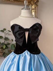 SHEIN Belle Elegant, Romantic, Black & Blue Satin Strapless Tube Bow Decor Dress, Birthday Party Prom Wedding Guest Dress