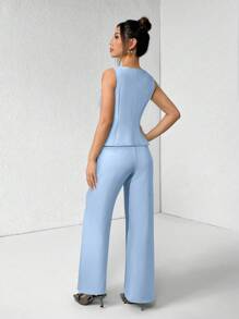 SHEIN PETITE 女士纯色圆领单排扣背心和裤子优雅通勤套装，夏秋季女装女套装办公室装商务休闲女两件套秋季女装办公室装女套装女式西装套装