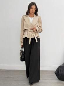 SHEIN Tall 秋冬女士纯色翻领插肩袖短款风衣系腰夹克 - 駝色 - 查看 6