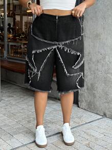 Dripcurv 大码女式磨边阔腿宽松休闲牛仔短裤 - 藍色 - 查看 3