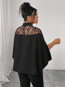 Almamuse Plus Size Elegant Slimming Mesh Patchwork Batwing Sleeve Blouse