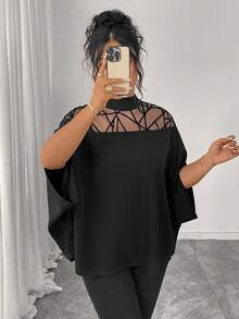 Almamuse Plus Size Elegant Slimming Mesh Patchwork Batwing Sleeve Blouse