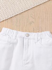 Tween Girl Y2K Cute Pink Casual Distressed Short Jacket, Drawstring Waist Denim Mini Skirt 2-Piece Set - White - View 3