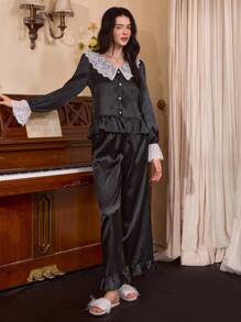 Côtesoire 法式宫廷风女士黑色缎面撞色蕾丝睡衣套装，秋季服装 - 黑色 - 查看 6