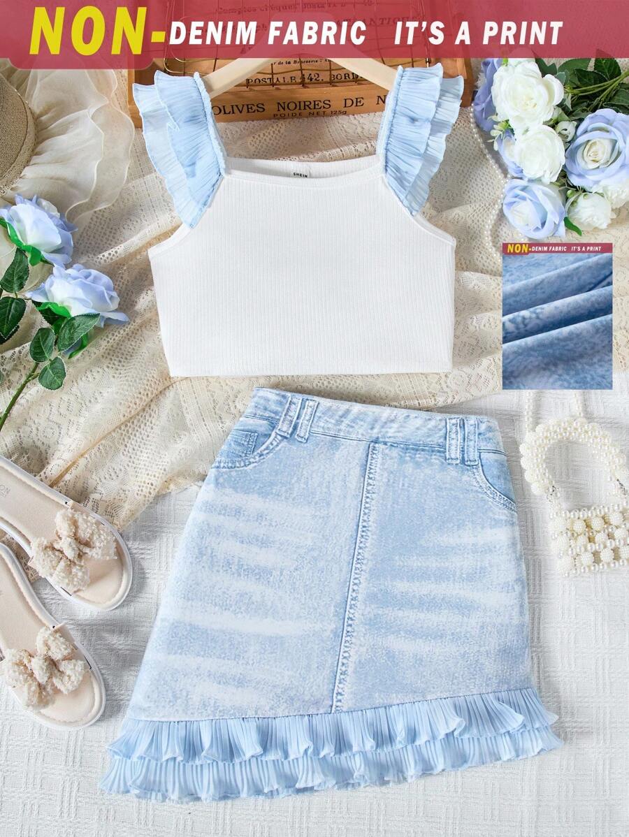 Tween Girls' 2pcs/Set Ruffled Hem Camisole Top And Denim Effect Skirt, School, Campus, College - Light Wash - View 1