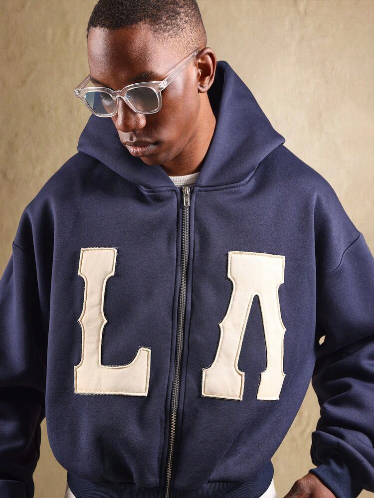 Felpa con cappuccio e zip con lettere LA e applicazione ricamata Varsity