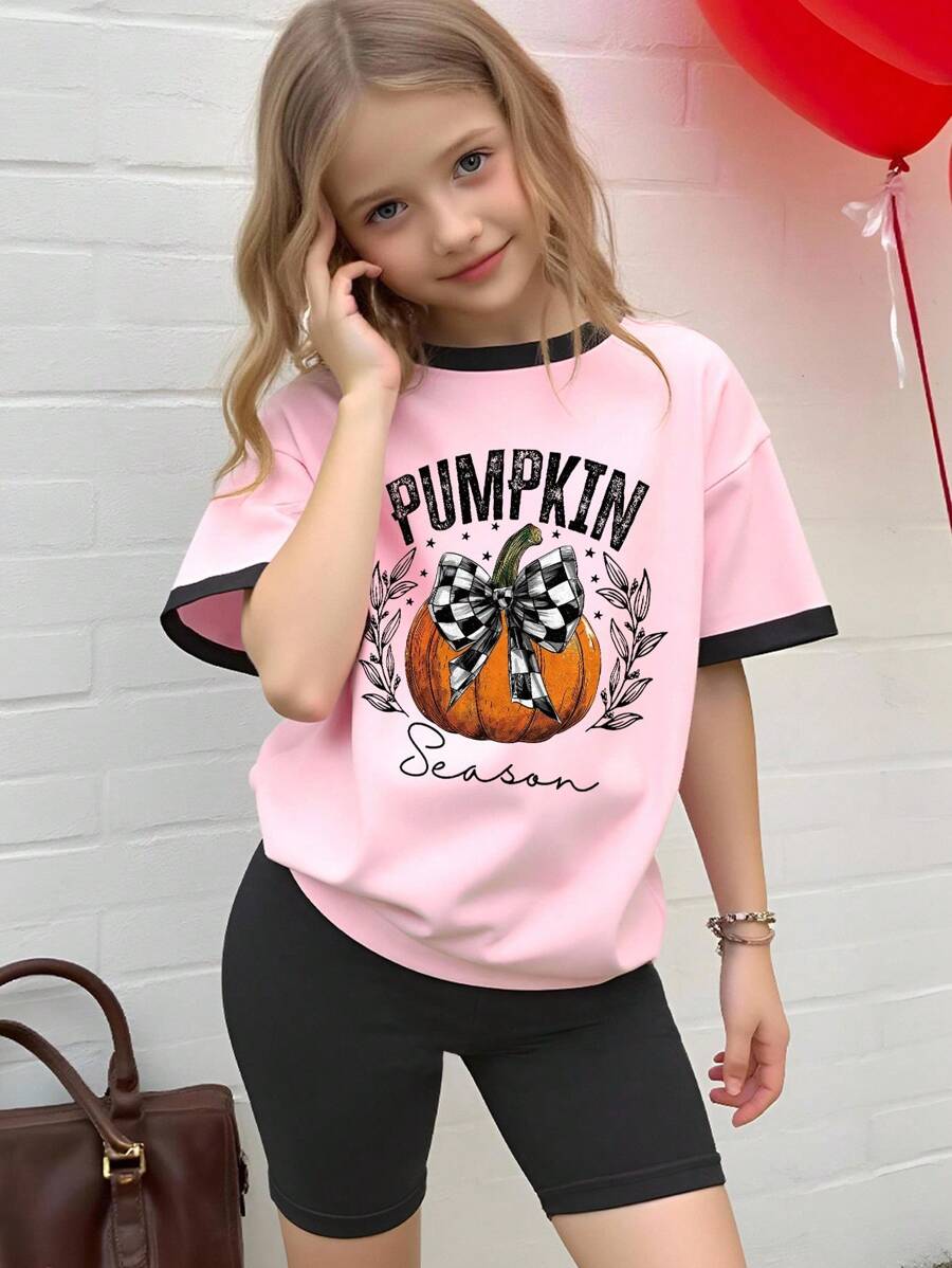 Halloween Girls Casual Fashion Creative Pumpkin Checkerboard Bow Decor Pattern Print Casual Holiday Basic Short Sleeve Top And Bike Shorts 2pcs Set Pumpkin Season Shirt Girls Fall Shirt Halloween Shirt Cute T Shirt Girls Tshirt