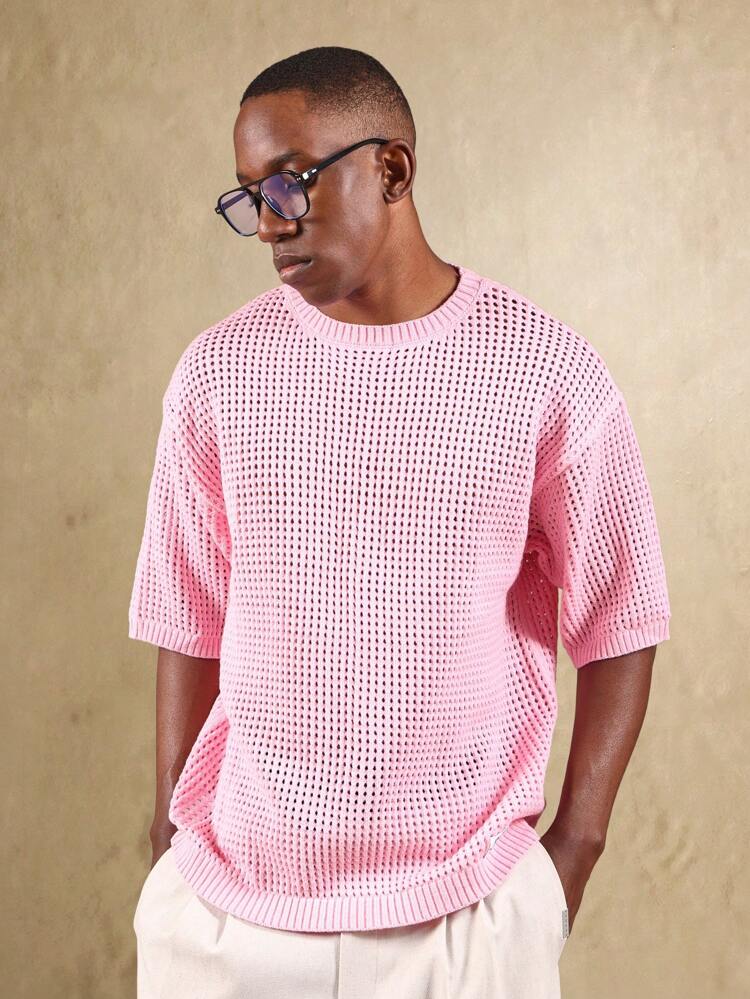 Openwork Knit Short Sleeve Pullover With Ribbed Trim