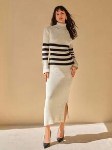 CLARA VERO Abito maglia dolcevita casual a righe nere e beige, morbido e confortevole - Bianco e nero - Visualizzare 3