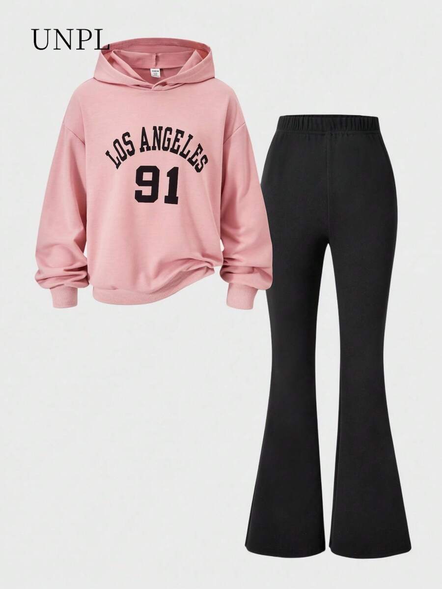 SHEIN Explorewe 2pcs/Set Tween Girls Pink Hoodie With Los Angeles Graphic And Black Flare Pants, Collegiate Style - Pink - View 1