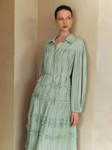 Arave 纯色棉质褶皱荷叶边领全纽扣装饰长款泡泡袖系带宽松休闲沙滩度假连衣裙，适合女士，春夏秋季 - 綠色 - 查看 2