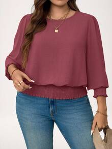 SHEIN LUNE 大码休闲纯色灯笼袖衬衫，新年假期女士朴素上衣 - 藕粉色 - 查看 4