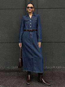 DAZY Women's Street Style Pocketed Long Sleeve Denim Dress - Blue - View 5