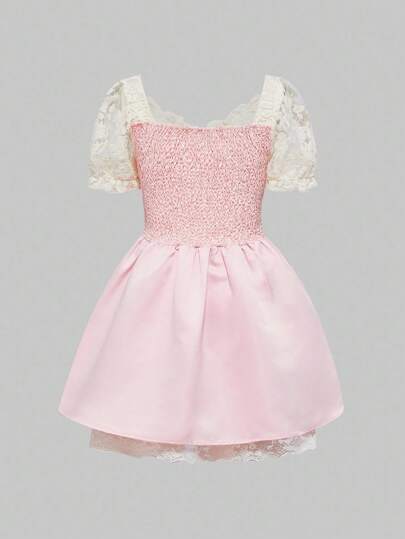 ROMWE EDITION Women's Vintage Palace Romantic Lace Patchwork Pearl Chain Decor Puff Skirt Mini Dress