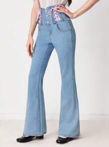ROMWE EDITION Quần jeans ống loe cạp cao buộc dây thời trang thường ngày dành cho nữ - Rửa nhẹ - Xem 1