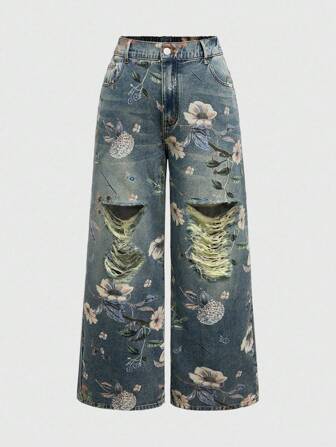 Fairycore Vintage Floral Print Washed Plus Size Women Loose Wide Leg Jeans