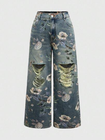 ROMWE Fairycore Vintage Floral Print Washed Plus Size Women Loose Wide Leg Jeans