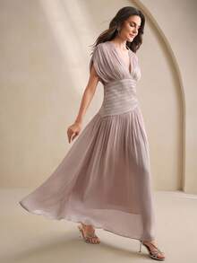 Anewsta Women's V-Neck Short Sleeve Beaded Chain Pleated Waist Elegant Long Dress, Summer - Dusty Purple - View 5