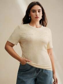 Anewsta 大码女式沙色水洗铆钉修身圆领短袖T恤 - 杏色 - 查看 5