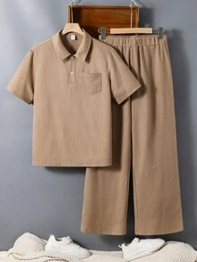 SHEIN 2pcs Teenage Boys Textured Fabric Polo Shirt&Pants Set,Beige,Summer,Vacation,Versatile Brown Solid Color Outfit For School,Daily,Travel,Sports,Party - Apricot - View 3