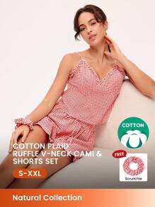 LUVLETTE 夏季女士红色格子图案纯棉V领吊带背心可爱睡衣上装和短裤套装，透气性感可爱睡衣套装，荷叶边长裤带口袋，内衣外穿舒适居家必备，平衡百搭，也适合青少年女孩、年轻女孩和儿童。 - 紅色 - 查看 2